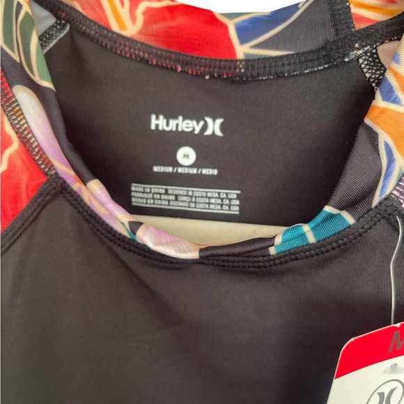 HURLEY Women’s Black Colorful Tropical Floral Surf Rash Guard. UPF 50+, NWT - Picture 4 of 5